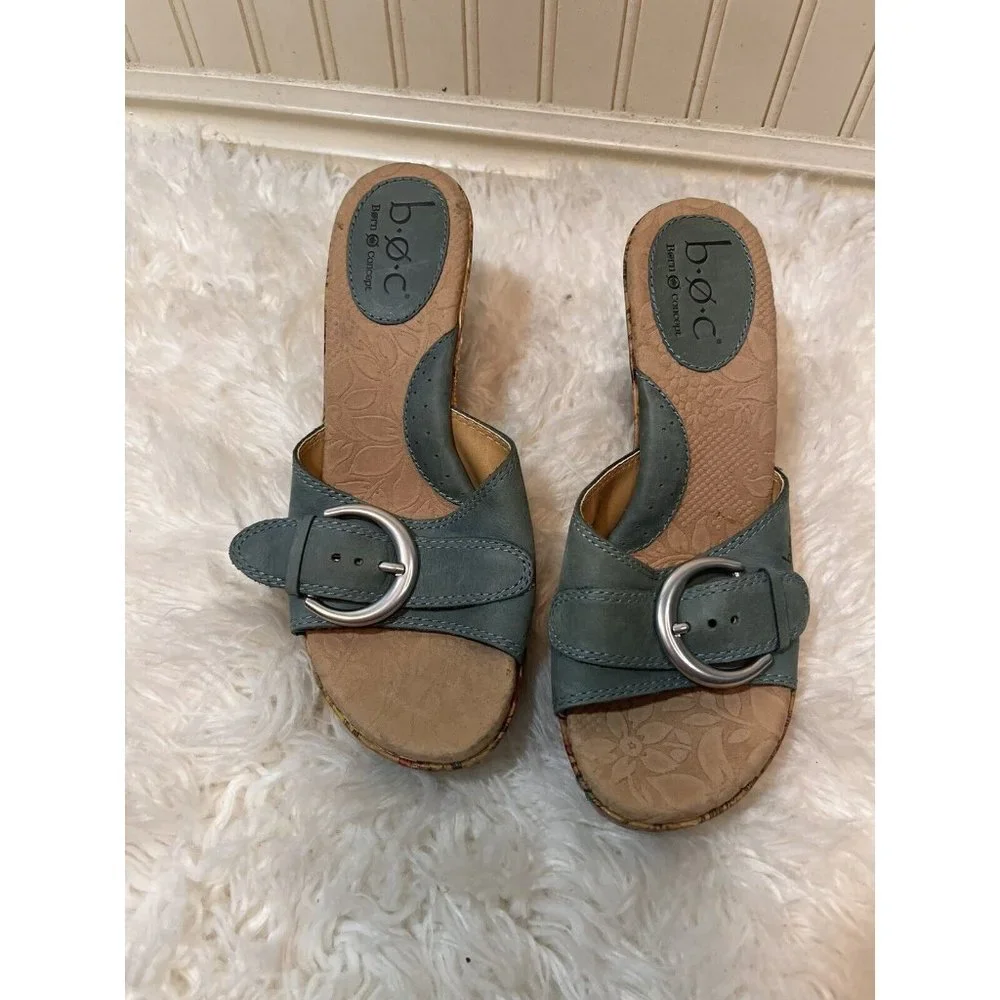 Boc Born Rae Womens Size 8 blue leather Platform Cork Wedge Sandal